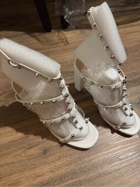 Delicious White Studded Strappy Block Heels